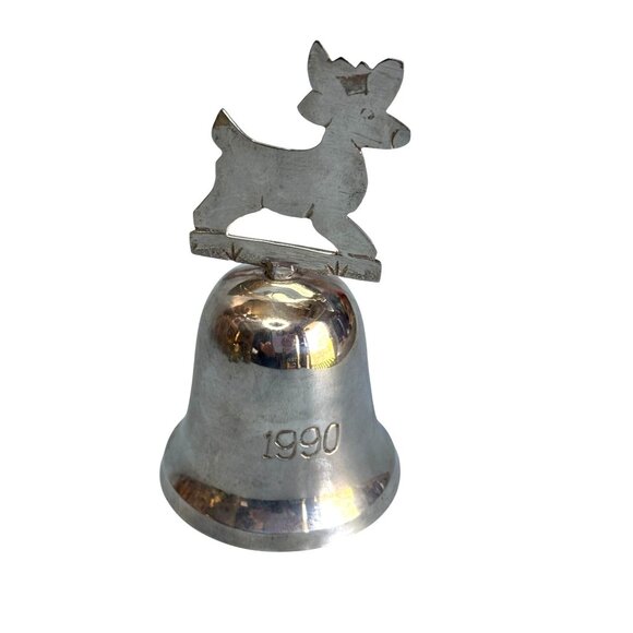 International  Silver Reindeer Bell Christmas Ornament 1990 4 1/2" X 2 1/2" - Picture 2 of 7